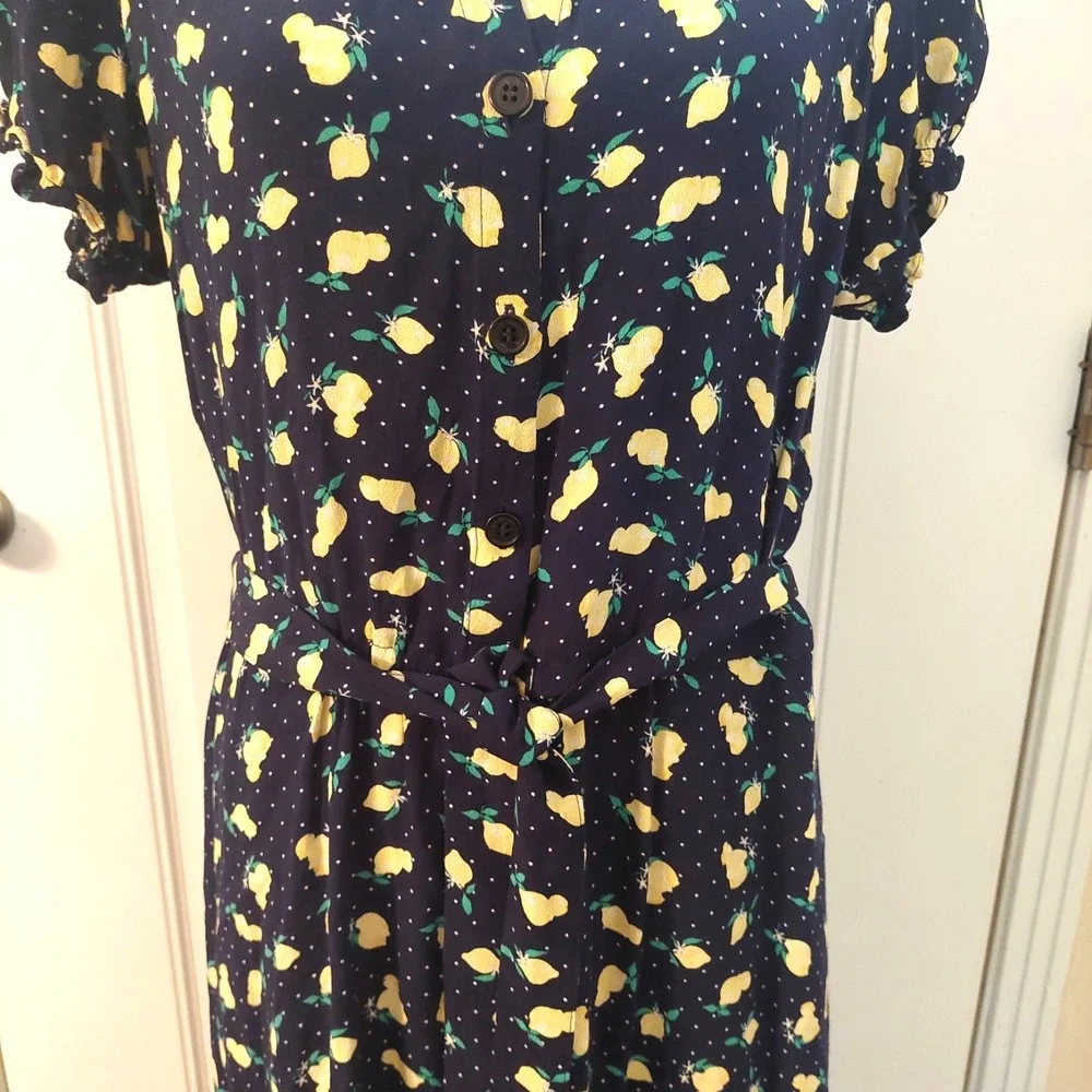 Talbots Shirt Dress 14 Navy Yellow Lemons Button Front Belted Midi Cottage Core - Picture 2 of 12